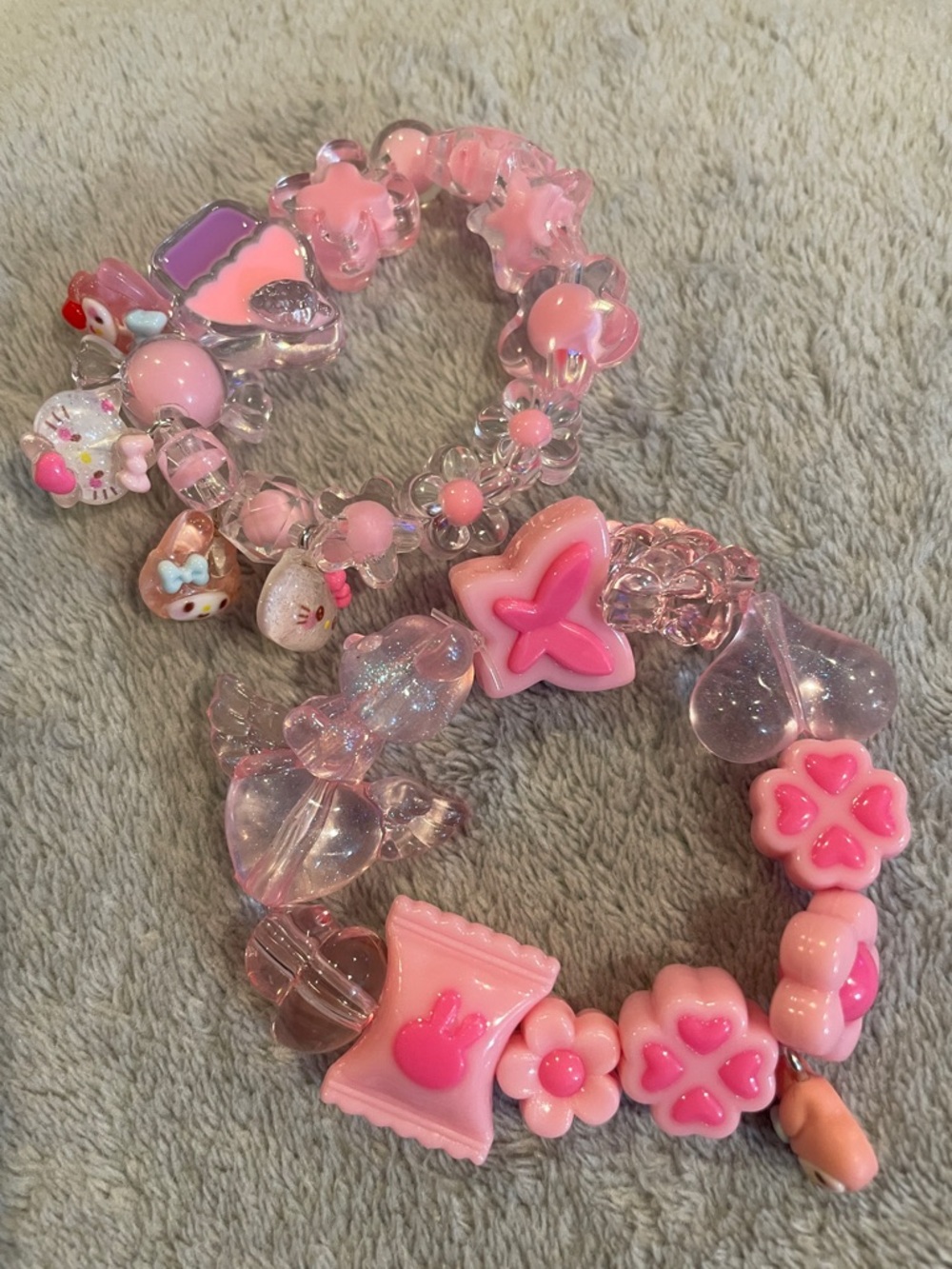 Kids Pink Charm Stretch Bracelet Set - Cute Flower & Butterfly Beads